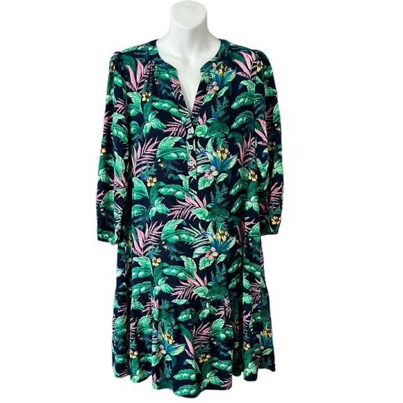 LOFT Dresses & Skirts - LOFT Tropical Print Dress Navy Viscose Linen Cotton Women’s Sz Small *NoTieBelt